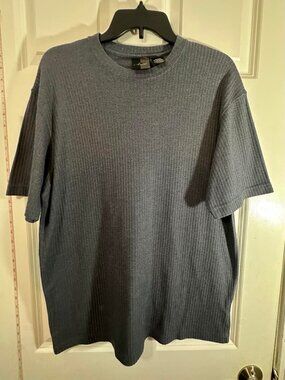 J. Ferrar Mens Charcoal Blue Ribbed Knit Crew Neck Tee Shirt Short Sleeve Large